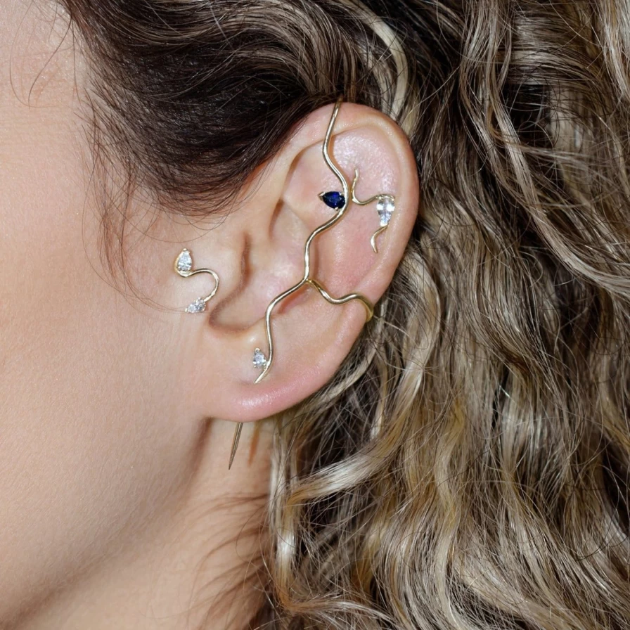 14K Yellow Gold Flat Back Diamond Mumu Wave Stud Earrings by Labulgara