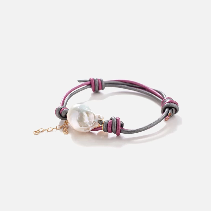 Joie DiGiovanni Baroque Pearl Bracelet with Gold Heart Charm and Leather Chain for Women