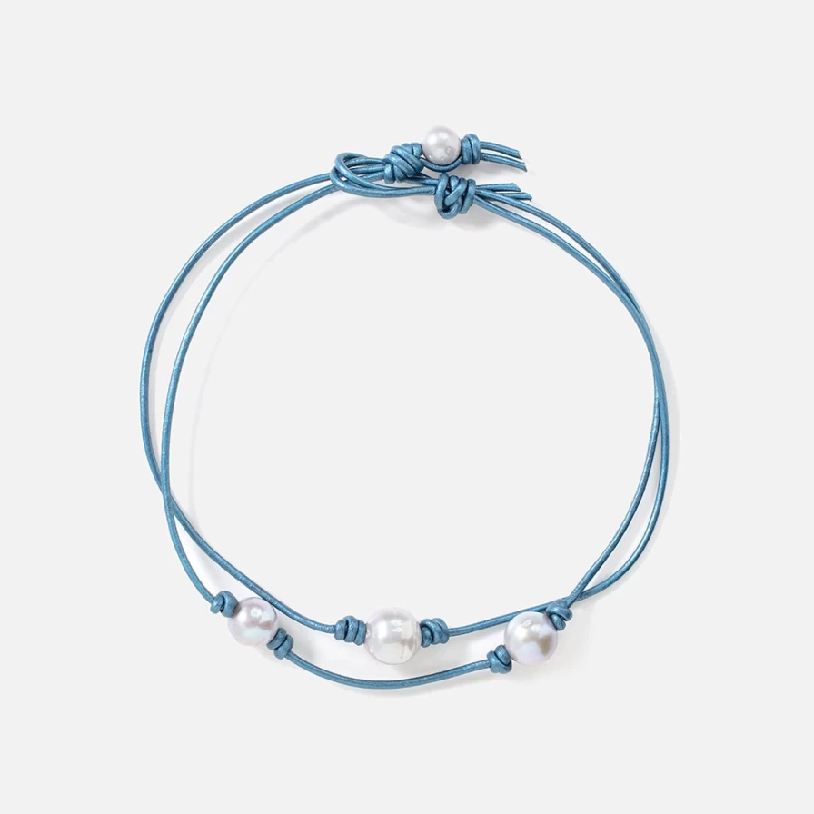 Joie DiGiovanni Blue Ocean Double Pearl Genuine Leather Choker Necklace for Women