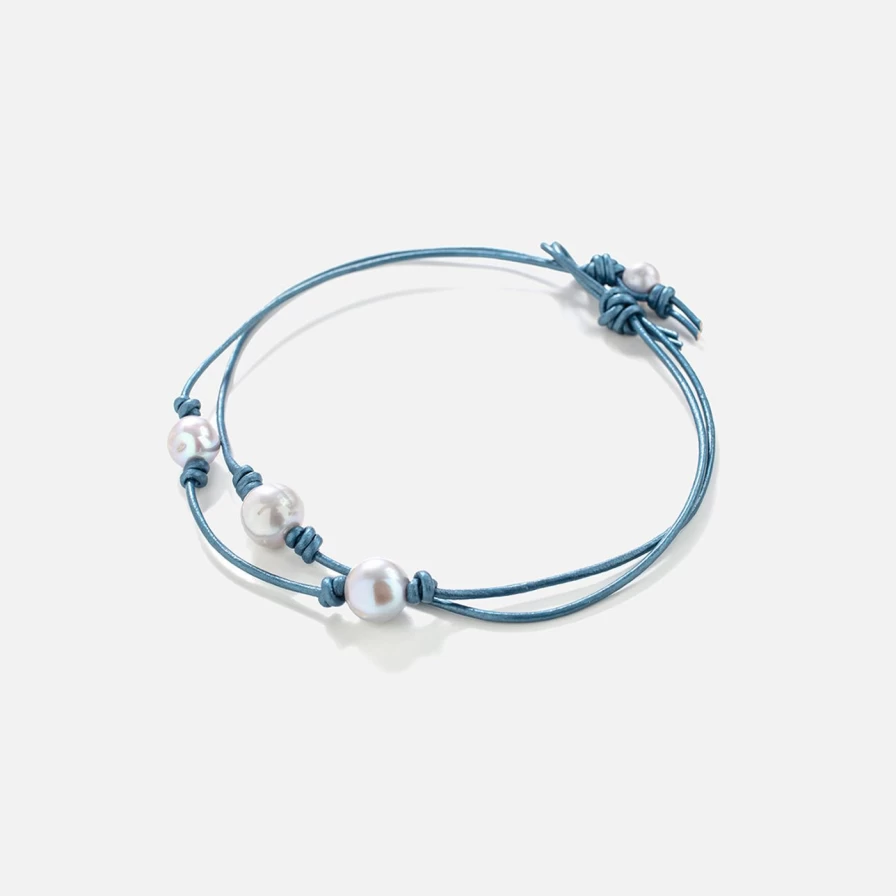 Joie DiGiovanni Blue Ocean Double Pearl Genuine Leather Choker Necklace for Women