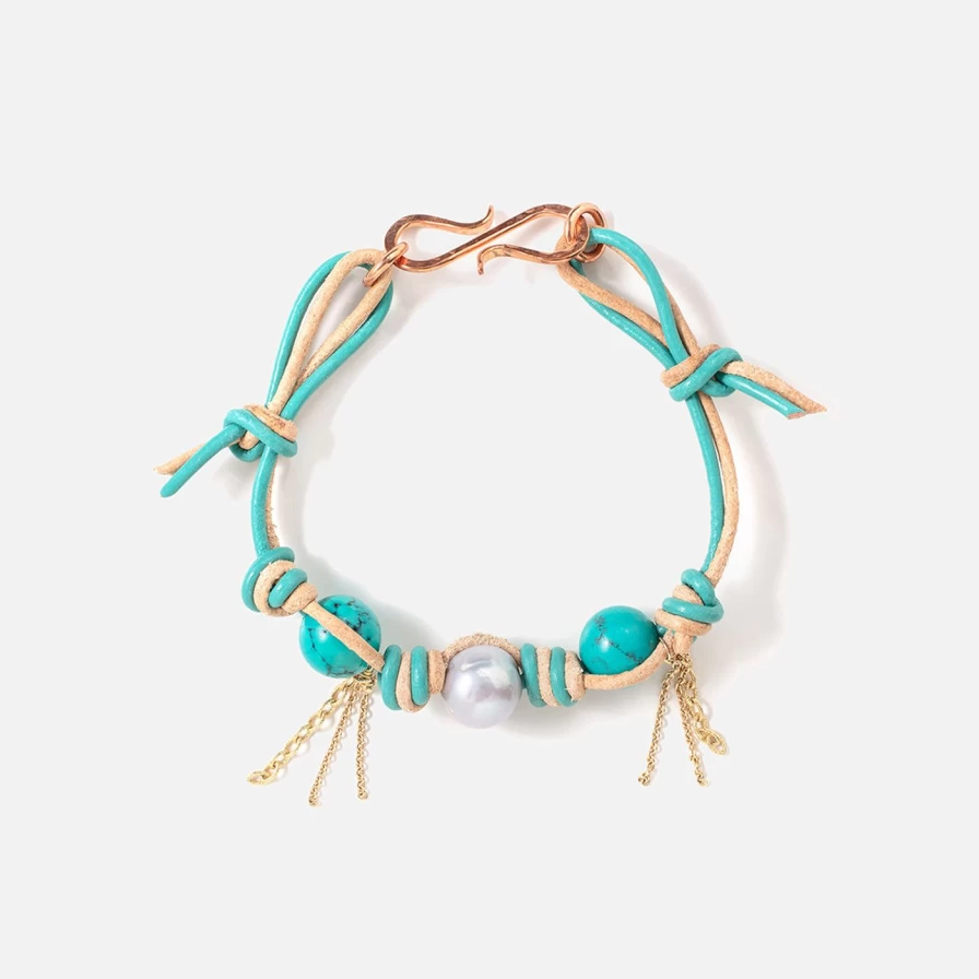 Joie DiGiovanni Mexican Turquoise Pearl Leather Bracelet with Gold Chain for Rocker Style