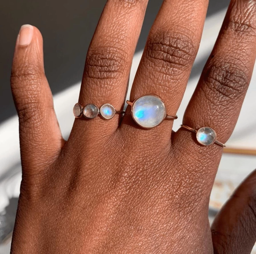 A.M. Thorne Genuine Rainbow Moonstone Ring - Triple Stone Sterling Silver Band for Women