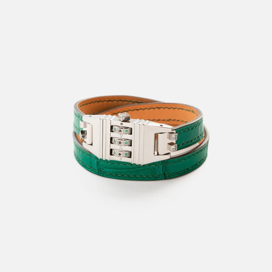 James Banks Design Green Crocodile Leather Code Bracelet for Men and Women
