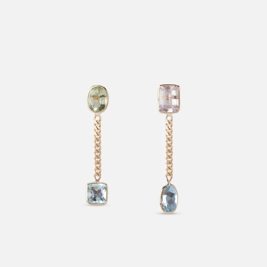 Objet-a Aquamarine & Morganite Curb Chain Earrings - Sterling Silver Dainty Hoop Earrings for Women