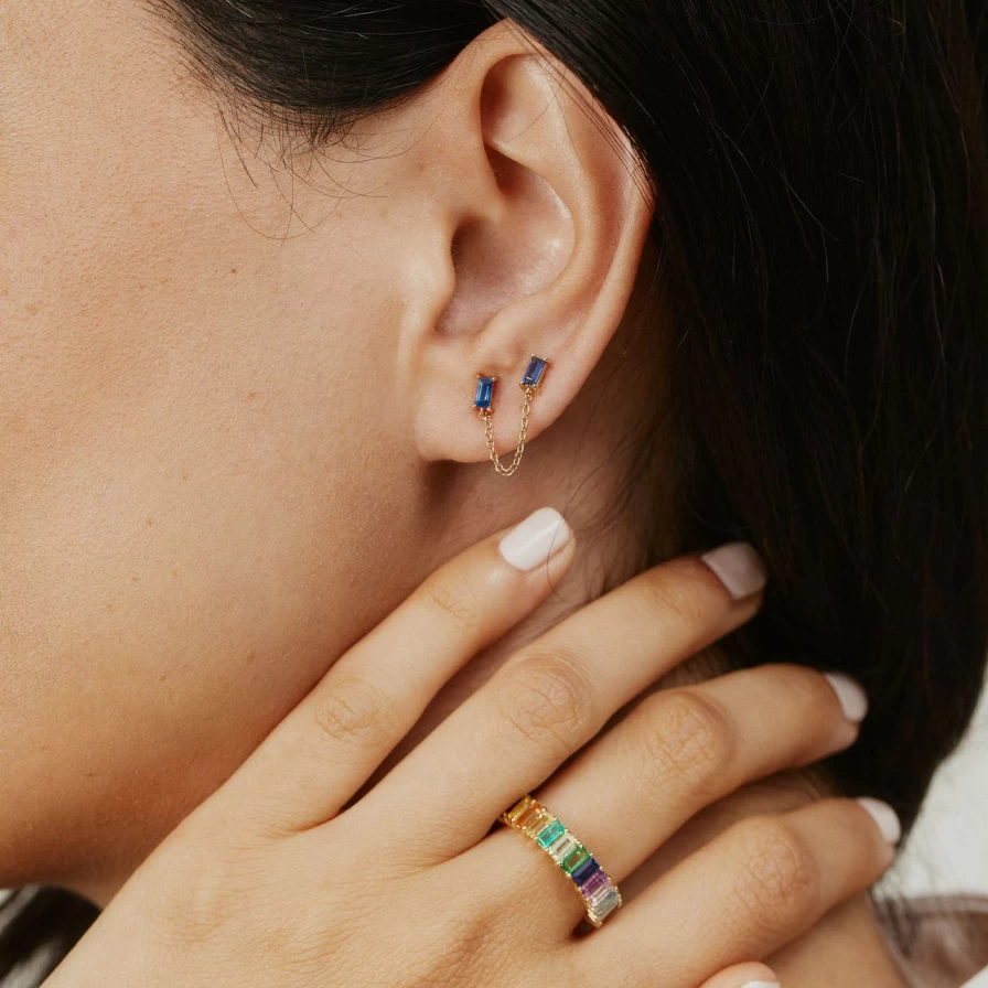 Eriness Blue Sapphire Baguette Chain Stud Earrings - Elegant Gemstone Jewelry
