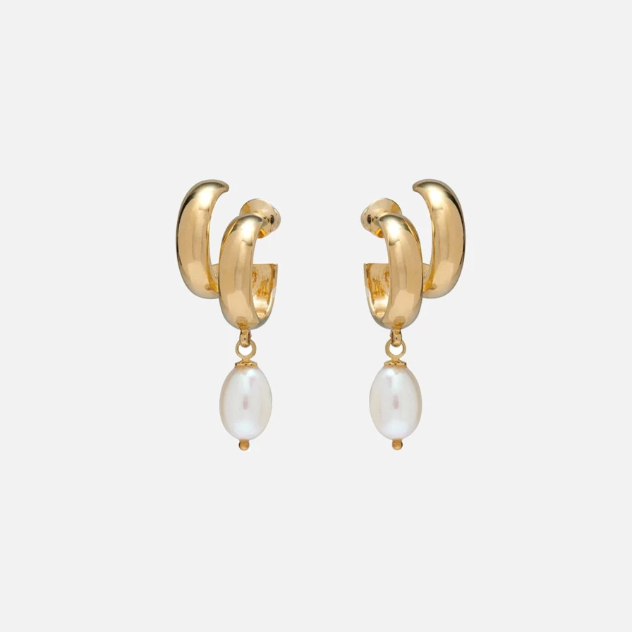 Lady Grey Gold Pearl Stack Hoops - Elegant Layered Hoop Earrings for Women