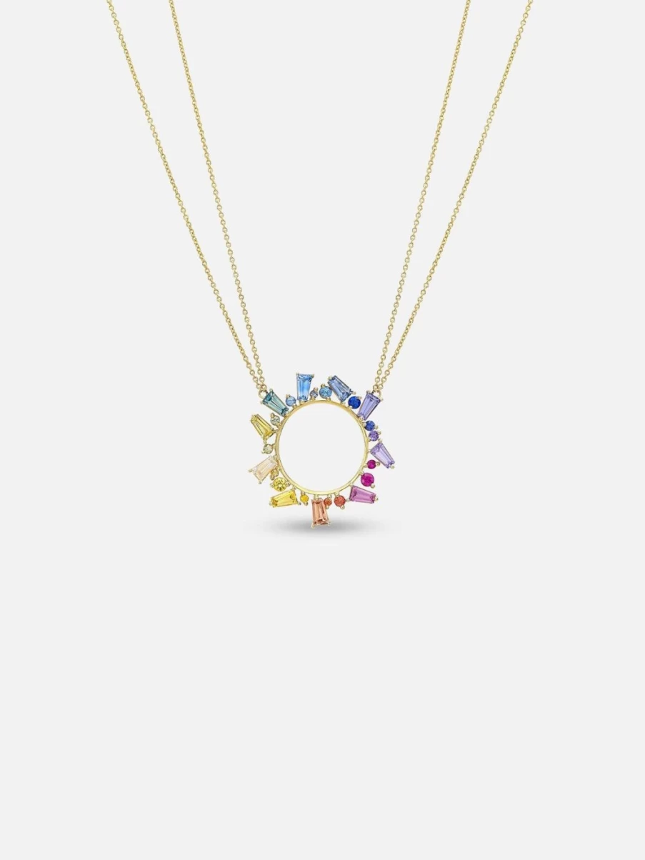 Meredith Young Yellow Gold Open Circle Necklace with Rainbow Sapphires