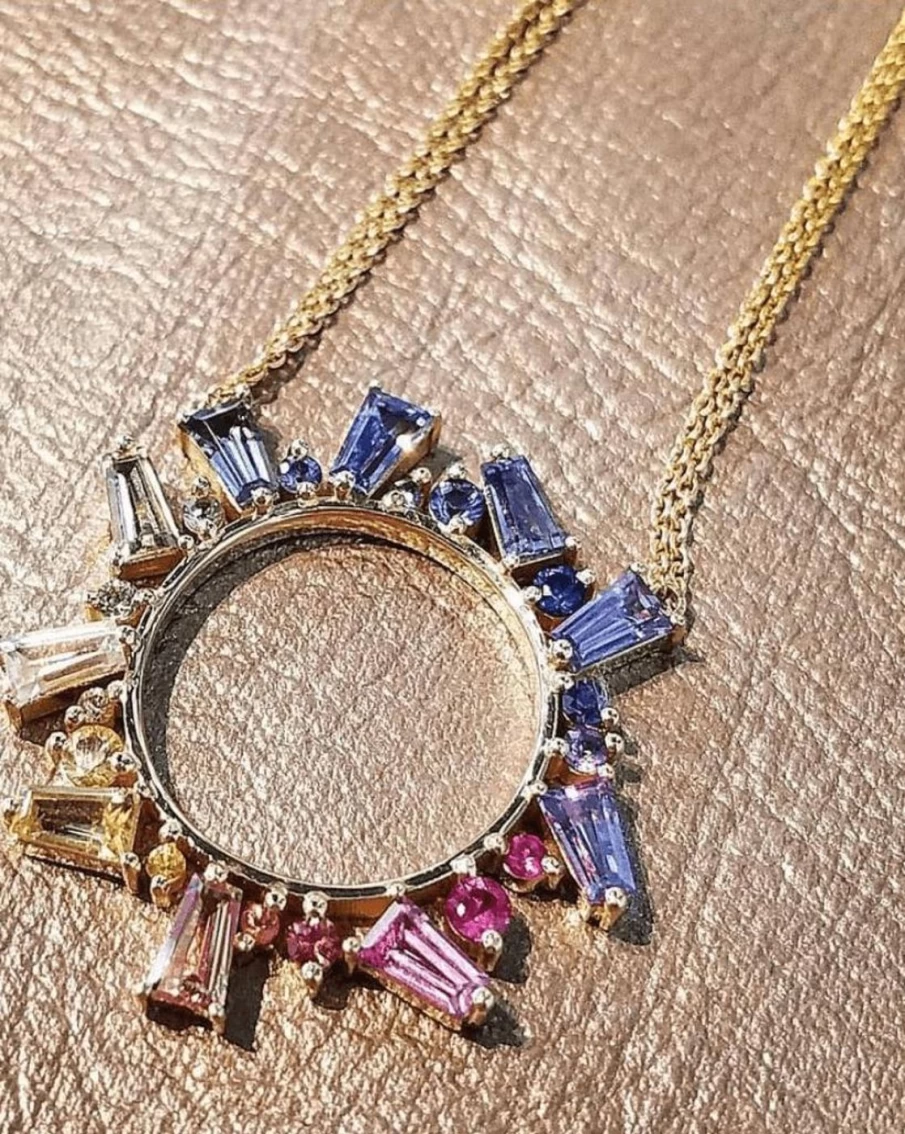 Meredith Young Yellow Gold Open Circle Necklace with Rainbow Sapphires