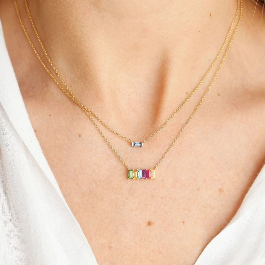 Eriness Blue Sapphire Solitaire Baguette Pendant Necklace - Elegant Fine Jewelry