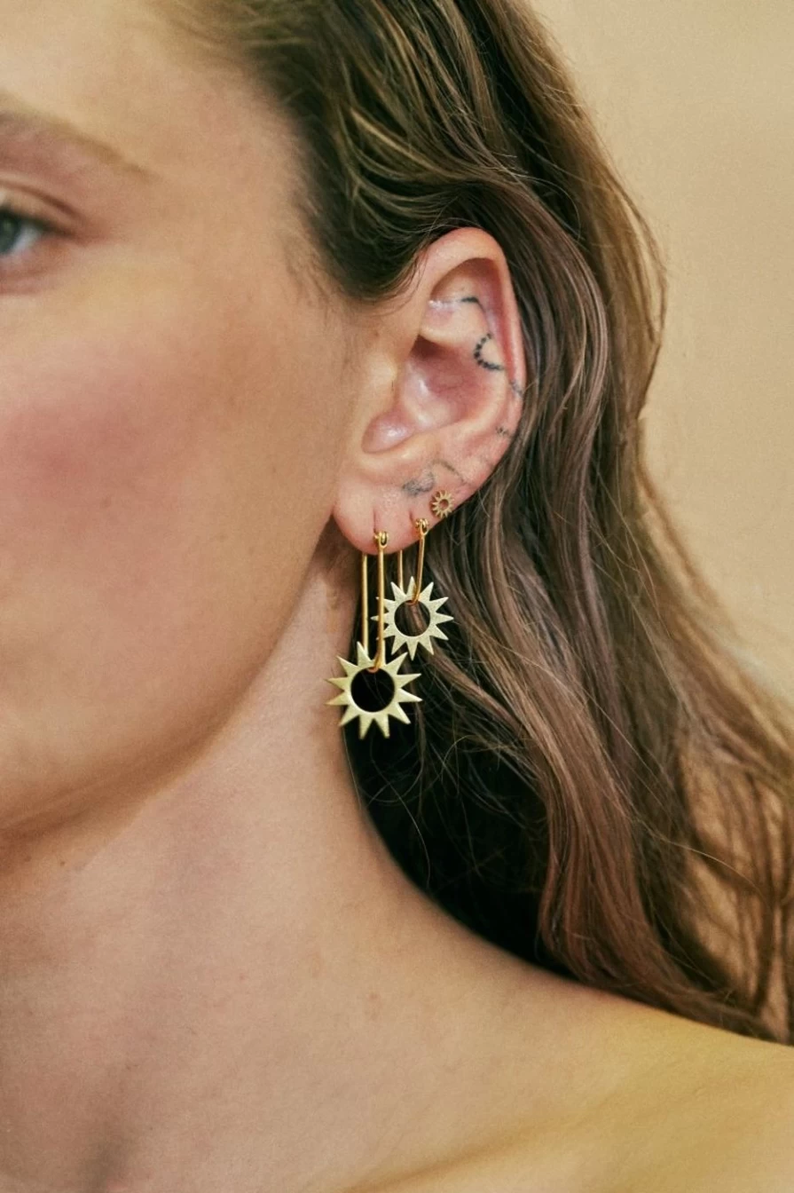 14K Yellow Gold Mini Spur Earrings by EMBLM Fine Jewelry - Dainty Western Hoop Studs