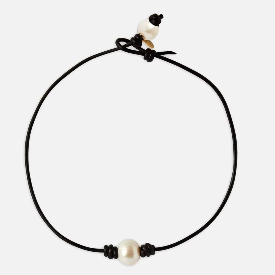 Joie DiGiovanni Black Leather Choker with Freshwater Pearl - Elegant Adjustable Necklace for Women