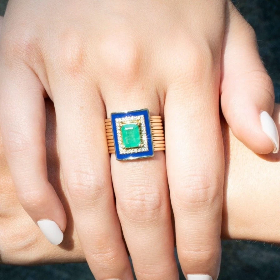 Eden Presley Emerald and Diamond Vintage Harem Ring for Women