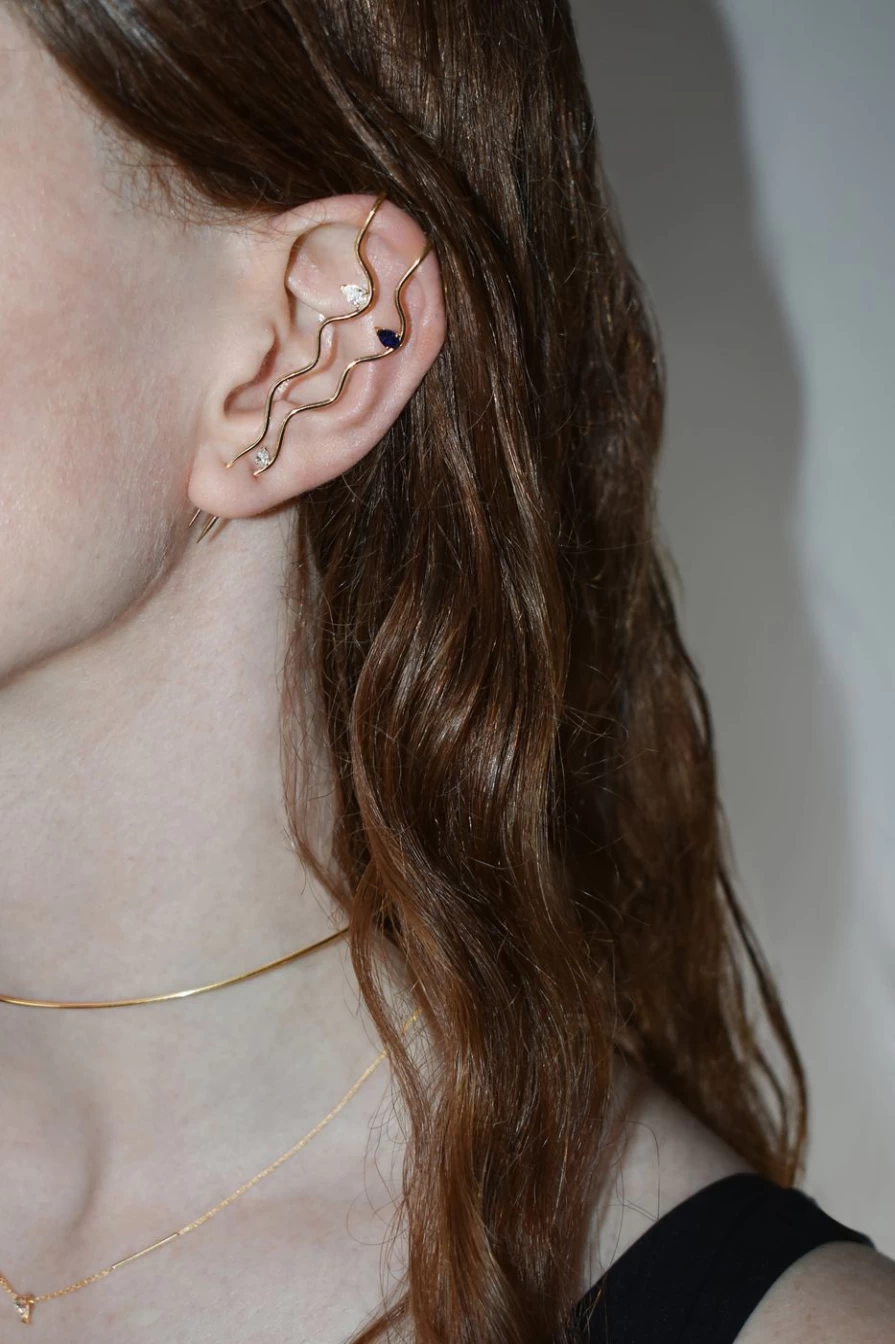 14K Yellow Gold Diamond Wave Needle Earrings by Labulgara | Elegant Splash Design