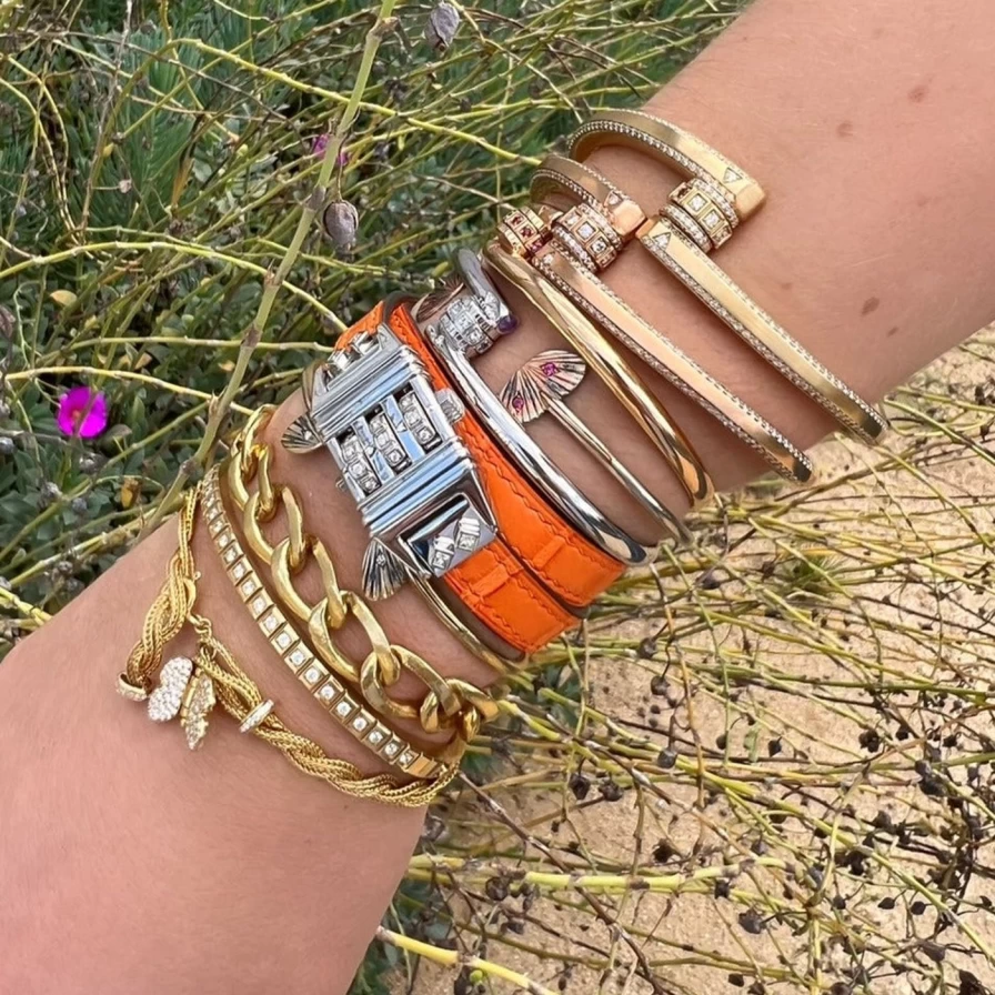 James Banks Design Sterling Silver Code Bracelet with White Diamond & Orange Crocodile Leather Strap