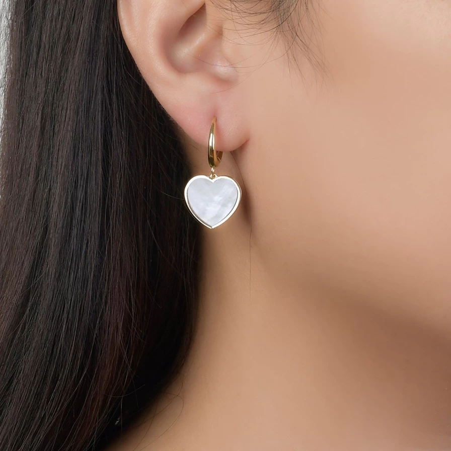 Lionheart Mother Of Pearl Heart Drop Huggie Hoop Earrings