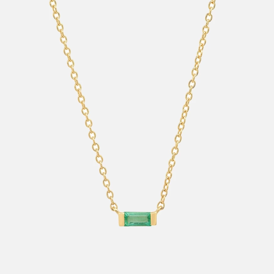 Eriness Solitaire Emerald and Baguette Diamond Necklace - Elegant Green Gemstone Jewelry