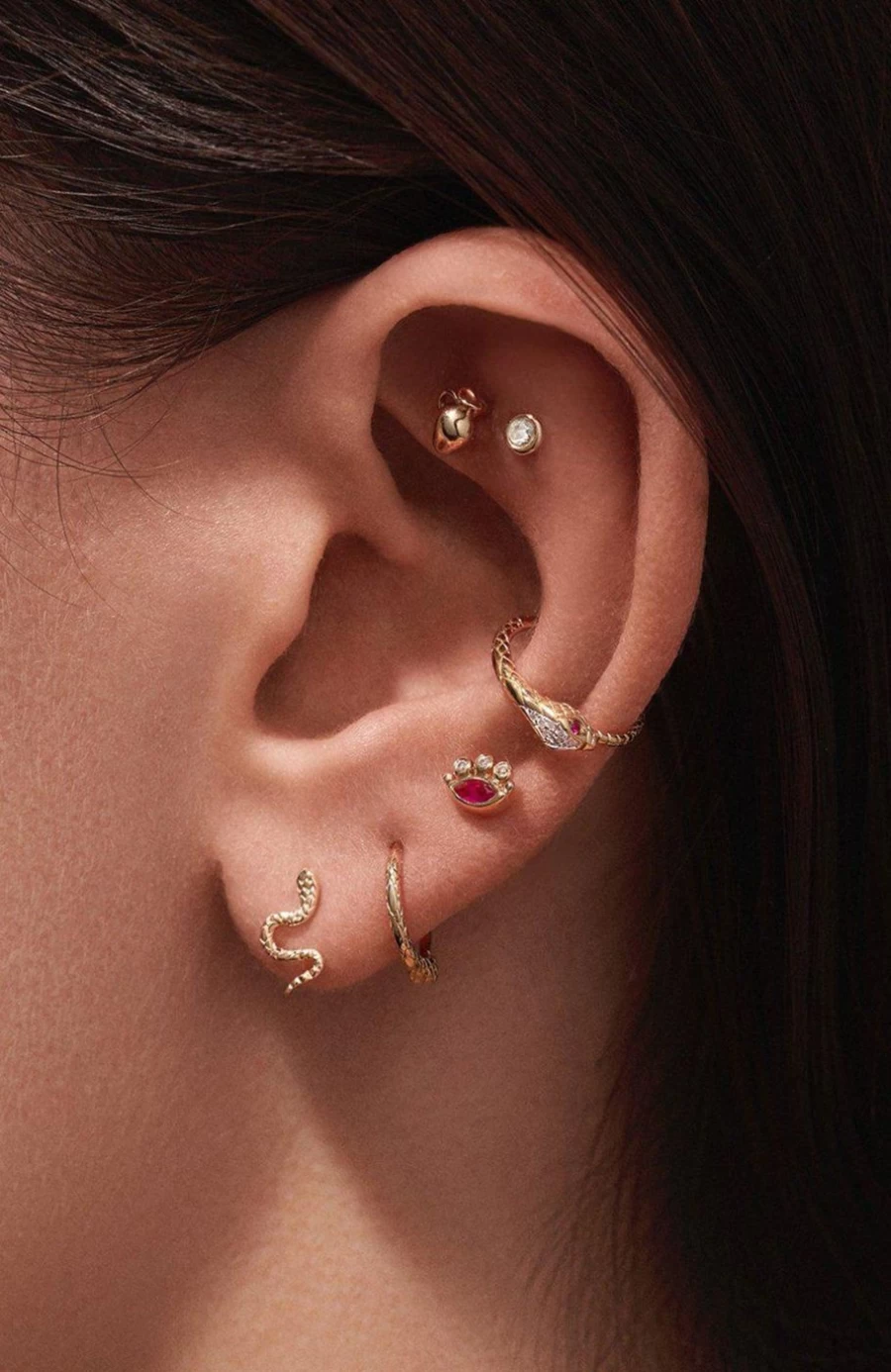 Pamela Love 11mm Serpent Ruby Clicker Hoop Earrings - Gold Plated Dainty Studs