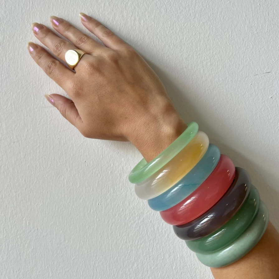 "Seree Pink Blush Jade Stone Bangle – Elegant Handmade Jewelry"