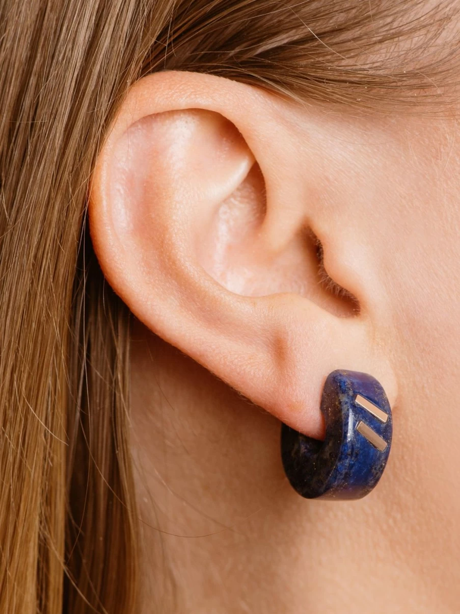 Bleecker & Prince Chubby Stone Huggies Earrings, Blue Lapis Dangle Hoops for Women