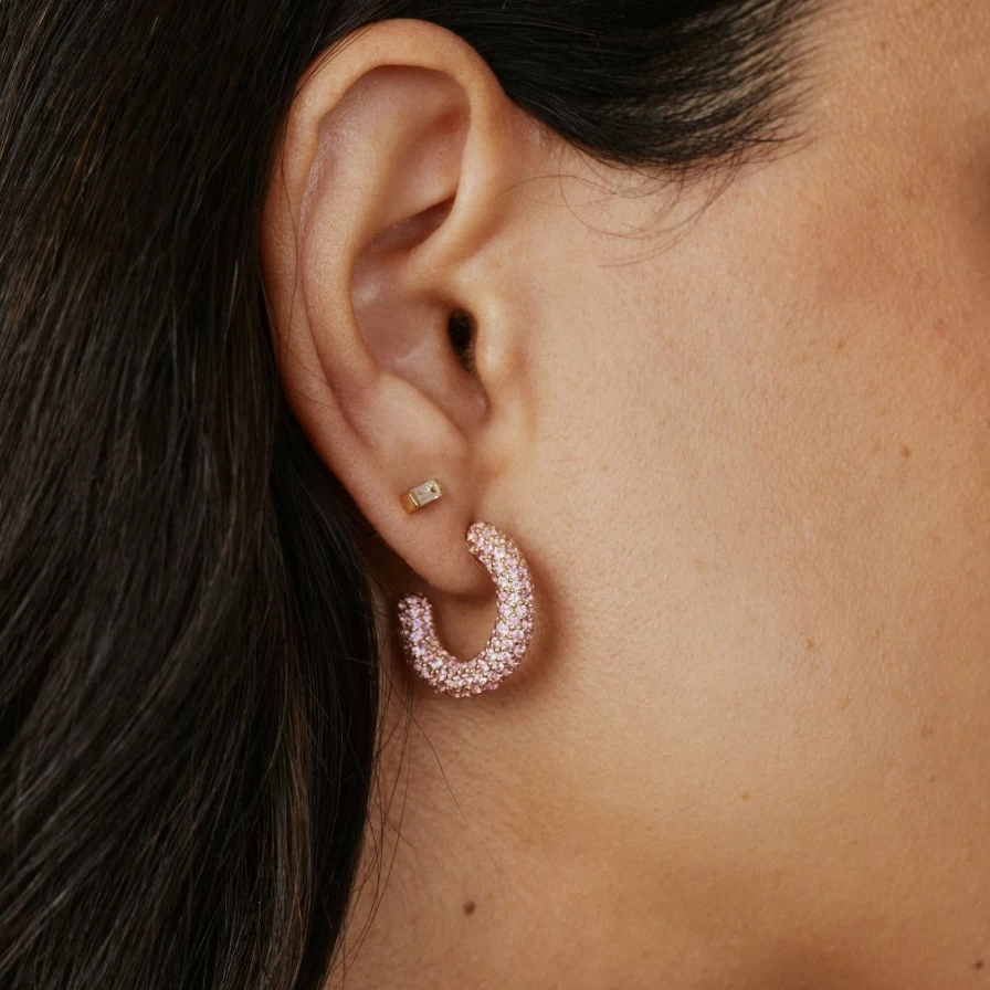 Eriness Mini Pink Sapphire Hoop Earrings for Women - Delicate Party Studs, Giftable Rose Gold Dainty Jewelry
