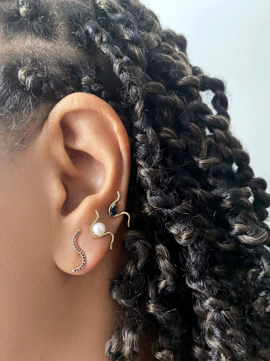14K Yellow Gold Pearl Wave Stud Earrings by Labulgara – Elegant Dainty Jewelry for Women