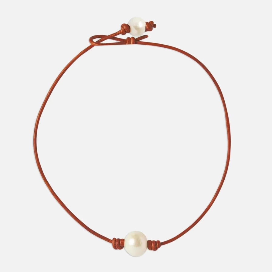 Joie DiGiovanni Cognac Leather Choker with Freshwater Pearl Elegant Necklace
