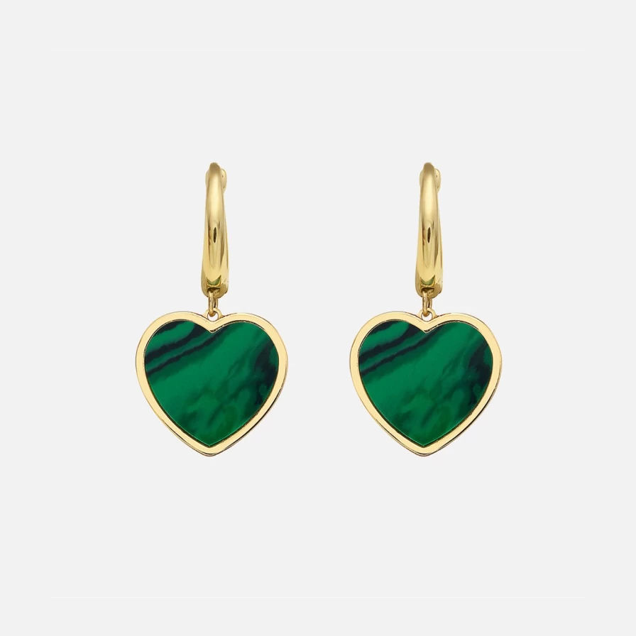 Lionheart Malachite Heart Drop Huggie Hoop Earrings - Green Stone Dangle Huggies