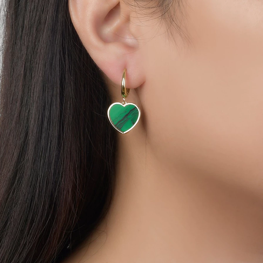 Lionheart Malachite Heart Drop Huggie Hoop Earrings - Green Stone Dangle Huggies