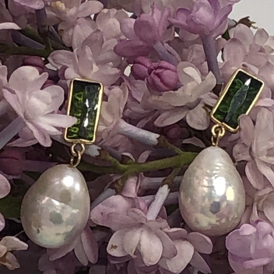 Objet-a Disco Pearl Earrings with Genuine Green Tourmaline Gemstones for Women