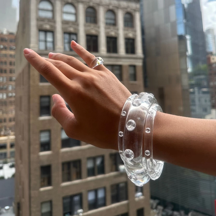 Sarah Noor Thin Lucid Bangle - Clear Crystal Elegant Minimalist Bracelet for Women
