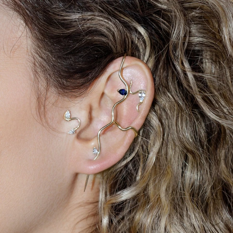 14K Yellow Gold Flat Back Ohana Diamond Wave Stud Earrings by Labulgara