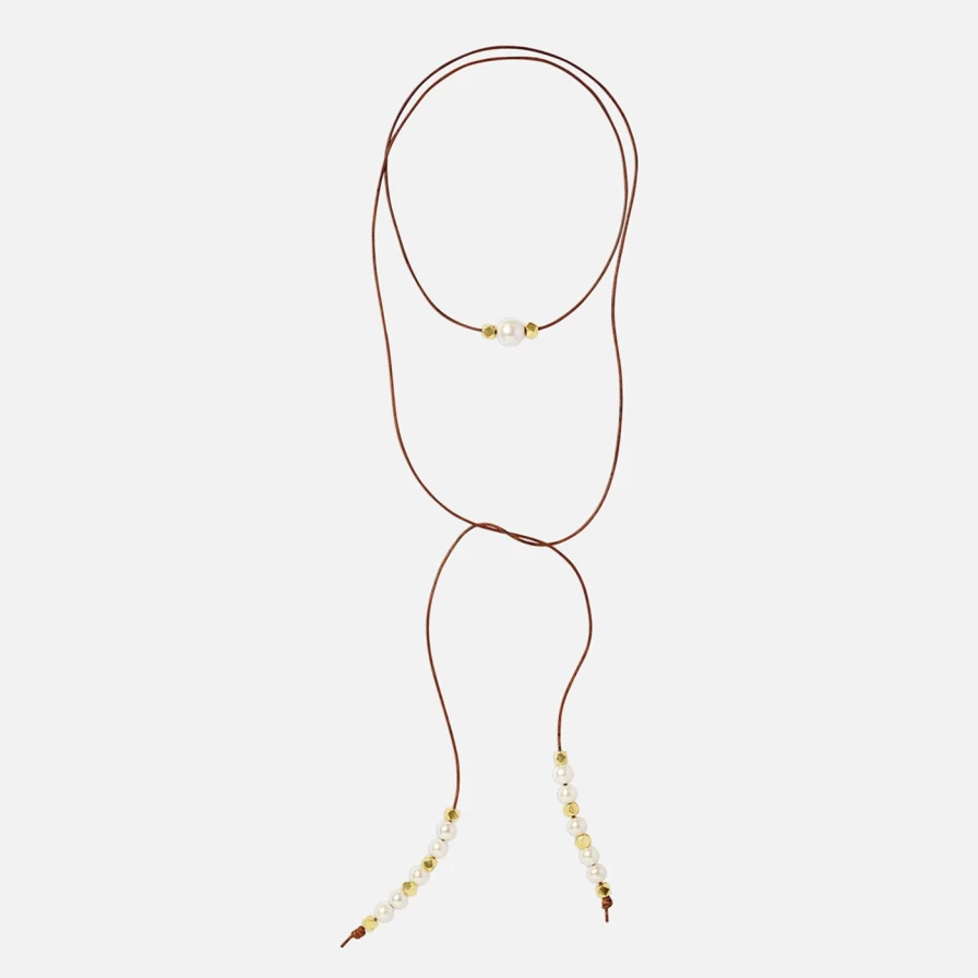 Joie DiGiovanni Cognac Leather Lariat Necklace with Pearls and Gold Nuggets