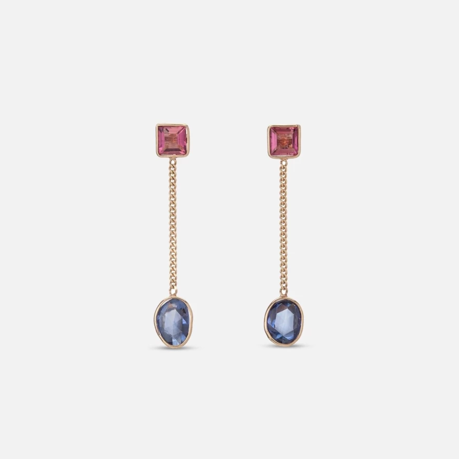 Objet-a Sapphire Curb Chain Earrings - Sterling Silver Blue Gemstone Dangle Earrings for Women