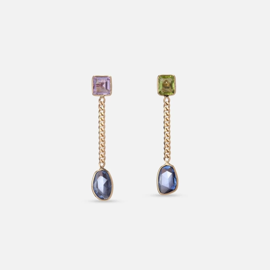 Objet-a Sapphire Curb Chain Earrings - Sterling Silver Blue Gemstone Hoop Earrings for Women