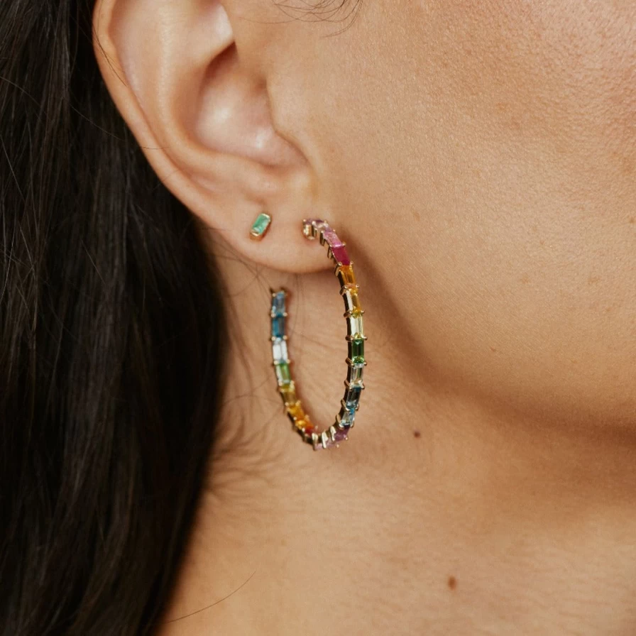 Eriness Emerald Baguette Stud Earrings - 14K Gold Green Gemstone Dangle Earrings for Women