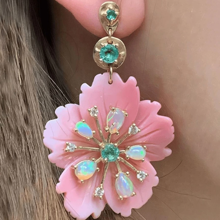 Eden Presley Pink Opal Floral Stud Earrings – Handmade Bohemian Jewelry for Women