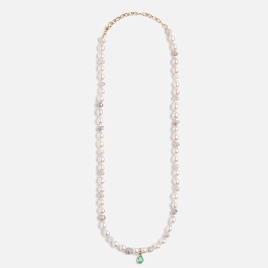 Objet-a Vintage-Inspired Pearl and White Sapphire Earrings with Emerald Accents