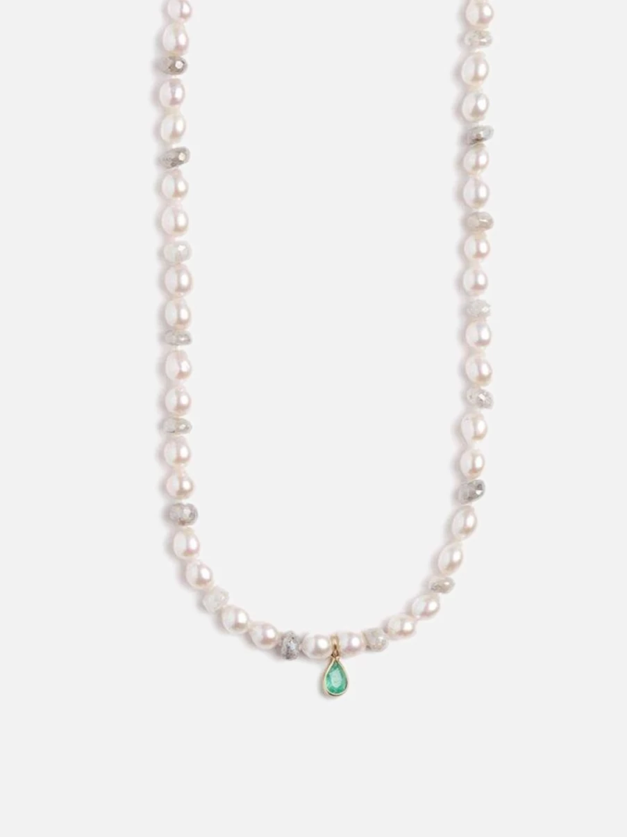 Objet-a Vintage-Inspired Pearl and White Sapphire Earrings with Emerald Accents