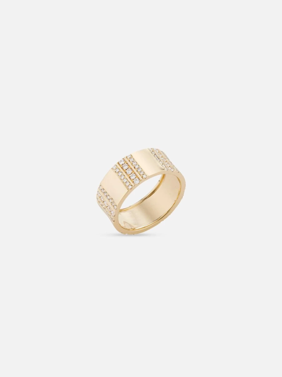Ri Noor Diamond-Studded Pinstripe Cigar Band Ring for Men - Sterling Silver Strength Design
