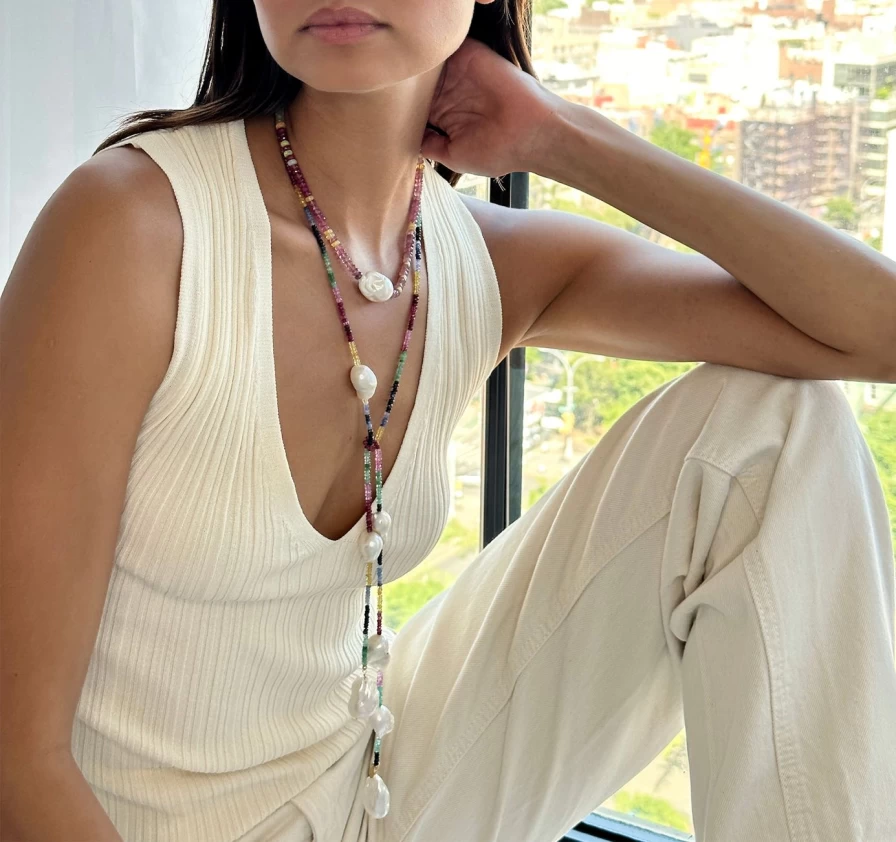 Joie DiGiovanni Baroque Pearl Lariat Necklace with Water Ice Diamond Accents