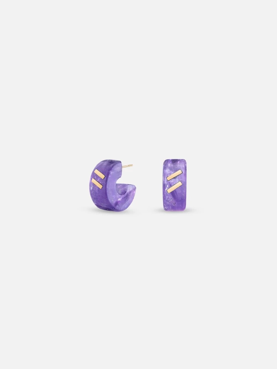 Bleecker & Prince Chubby Stone Huggies Earrings - Purple Amethyst Hoop Huggies for Women