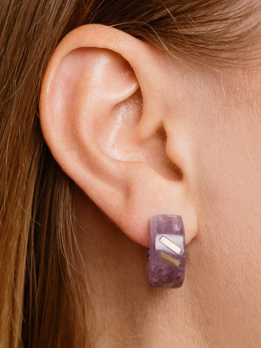 Bleecker & Prince Chubby Stone Huggies Earrings - Purple Amethyst Hoop Huggies for Women