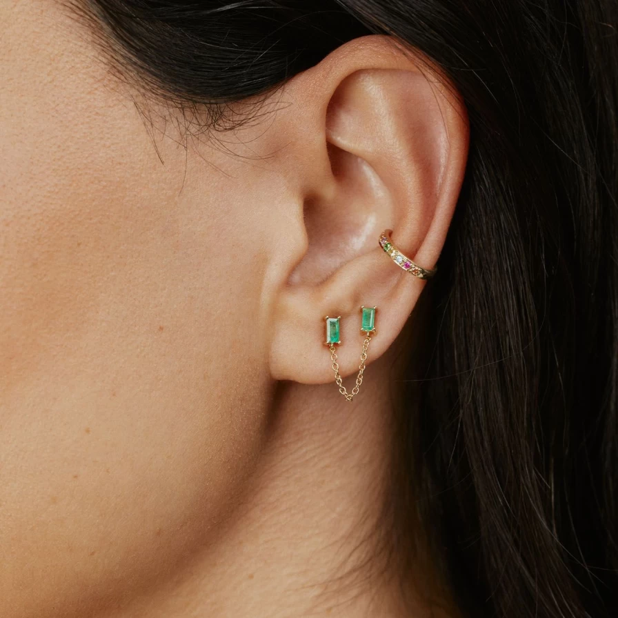 Eriness Emerald Green Baguette Chain Stud Earrings for Women - Elegant Gemstone Jewelry Gift