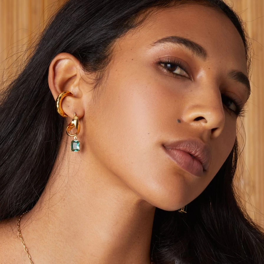 Lady Grey Gold Infinity Hoops with Genuine Green Quartz - Elegant Dangle Earrings for Women