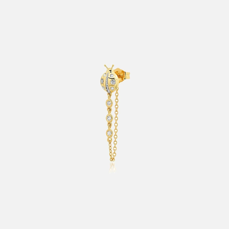 Eriness Diamond Ladybug Stud Earrings with Sparkling Chain - Elegant Insect Jewelry