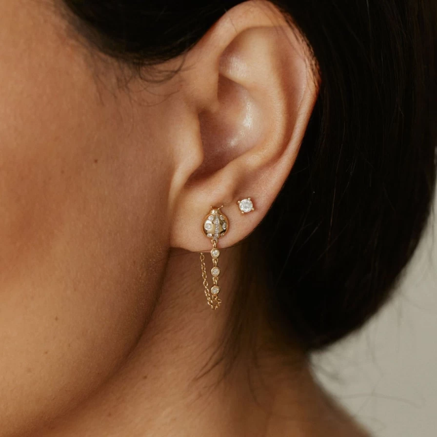 Eriness Diamond Ladybug Stud Earrings with Sparkling Chain - Elegant Insect Jewelry