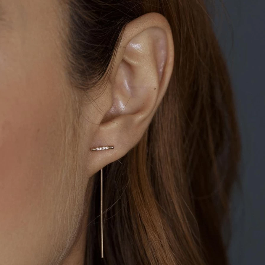 White Space Pave Linea Threader Drop Earrings - Minimalist Dainty Gold Thread Earrings for Women