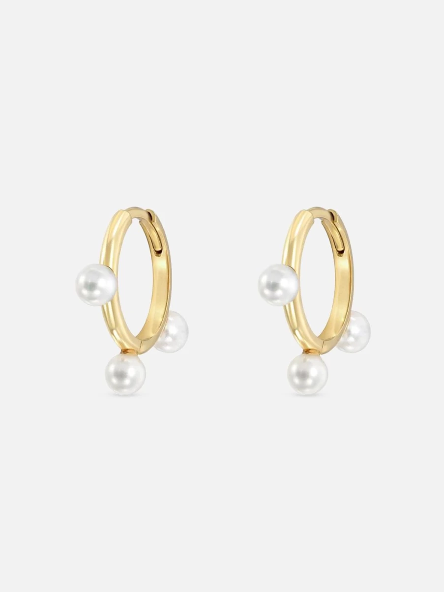 "Stacy Nolan Triple Pearl Hoop Earrings – Elegant Three Pearl Drop Hoops for Women"
