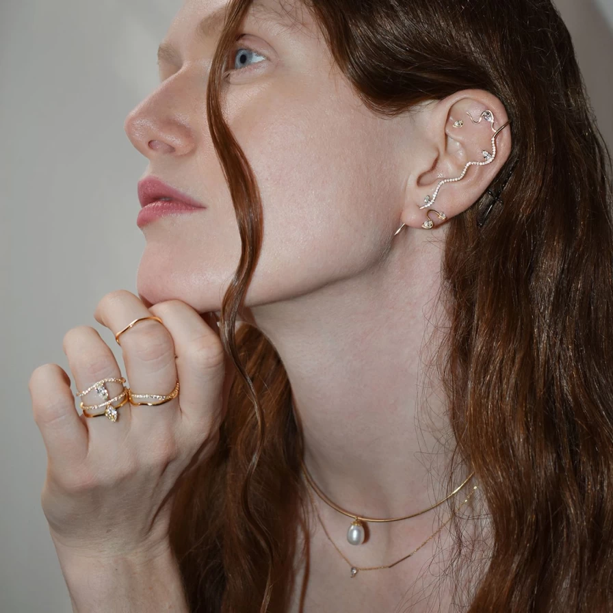 14K Yellow Gold Diamond Mumu Wave Stud Earrings by Labulgara