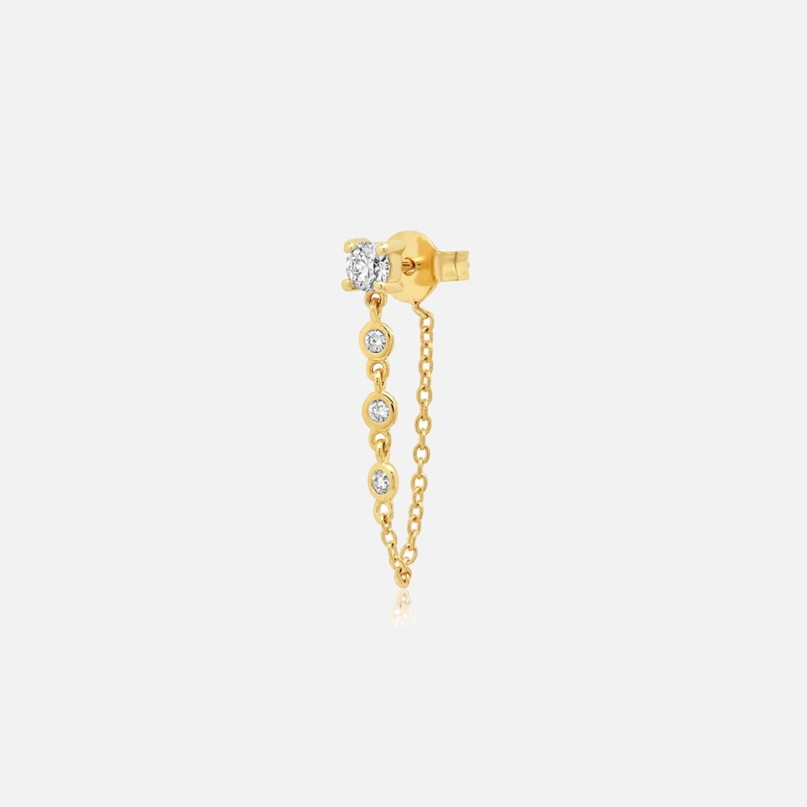 "Eriness 14K Gold Single Diamond Stud Earring with Dangling Diamond Chain"